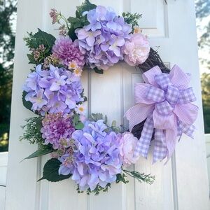Purple and Pink Floral Wreath with Gingham Bow